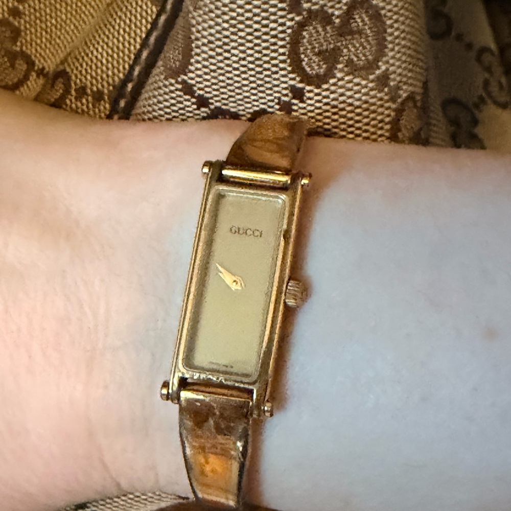 Gucci Gold-Tone Rectangular Watch with Brown Leat… - image 5